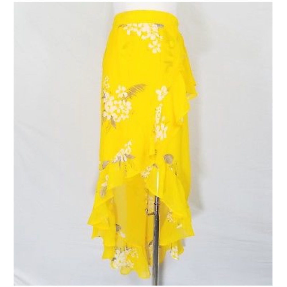 Yellow floral chiffon wrap skirt with hem ruffles